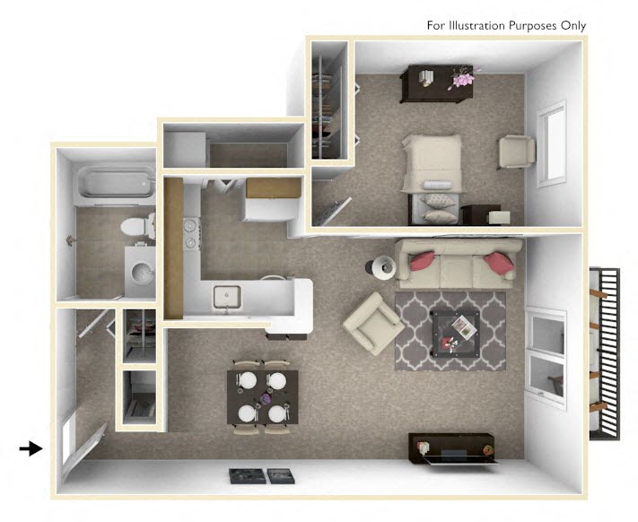 Floor plan for 1 bed, 1 bath, 690 sqft